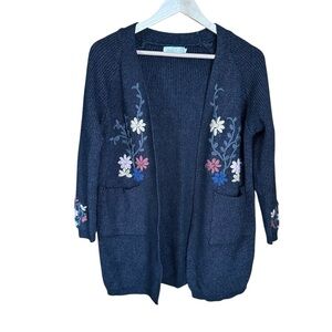 Simply Couture Embroidered Ribbed Open Cardigan Charcoal Gray M